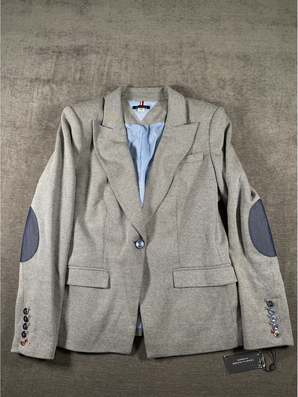 Tommy Hilfiger Women's Gray Blazer with Navy Elbow Patches Size 16